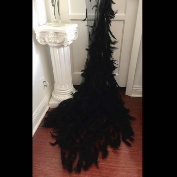BLACK REAL FEATHER BEADED EMBELLISHED GOWN DRESS - Picture 10 of 12